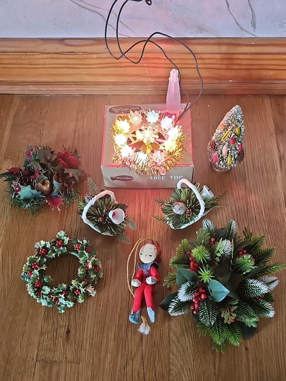 Vintage Christmas Decor Bundle Lighted Treetop, PlasticCandleRings, Elf, Baskets